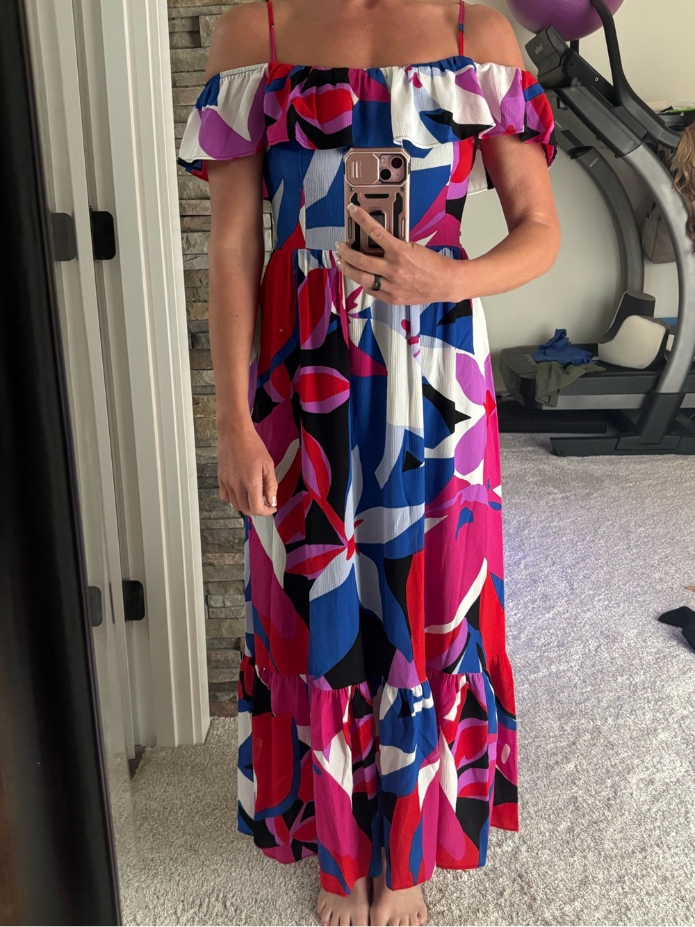 Nine West Off-Shoulder Abstract Print Maxi Dress in Pink, Blue & White